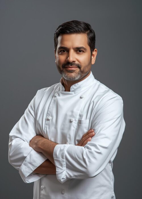 indian chef coat 500 x 700 image with 1 person and grey background colour